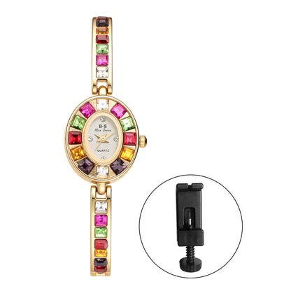 JEWELRYWE Women Oval Case Diamond Bracelet Watch Quartz Elegant Shell Dial Removable Strap Party Dress Watch - Kimlud