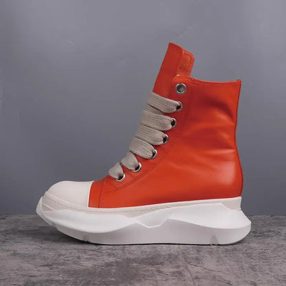 Men High Top Boots Casual Women Platform Heels Sneakers Leather Luxury Thick Lace Up Zip Autumn Black White Shoes