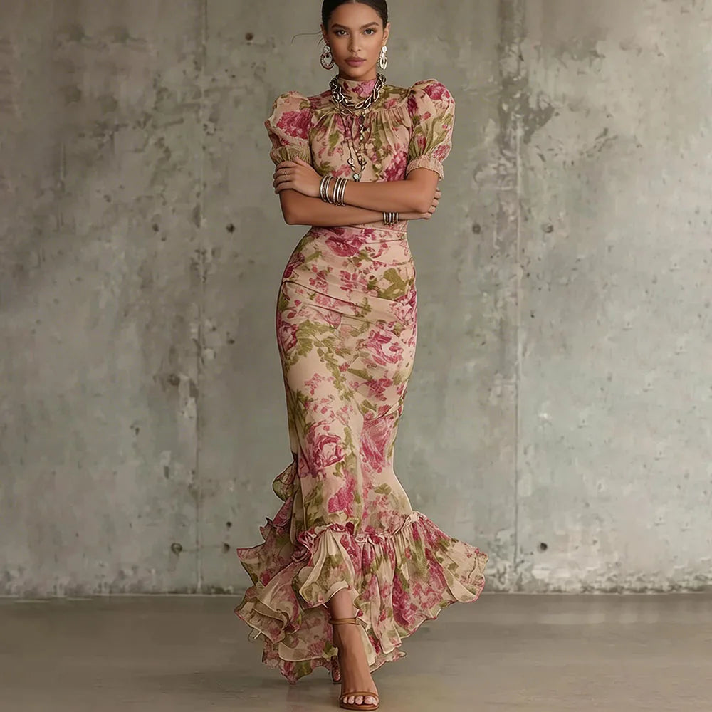 Sexy Bodycon Floral Long Dresses For Women Summer 2026 Fashion Short Sleeve O-neck Slim Maxi Dresses Elegant | Kimlud...