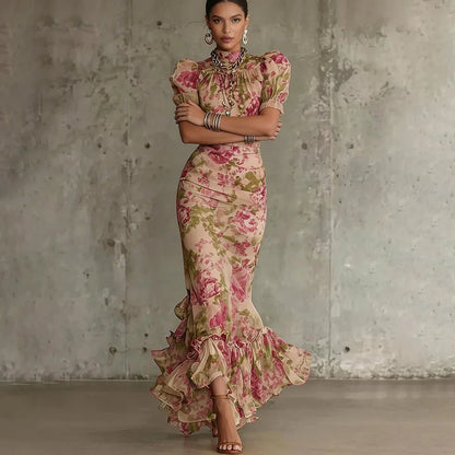 Sexy Bodycon Floral Long Dresses For Women Summer 2026 Fashion Short Sleeve O-neck Slim Maxi Dresses Elegant | Kimlud...