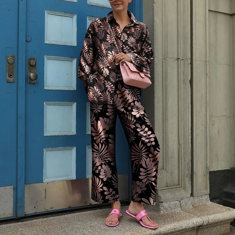 Autumn New Loose Vintage Printed Pant Sets Women Long Sleeve Shirts And Wide Legs Trousers Two Piece Set 2025 Fashion Streetwear
