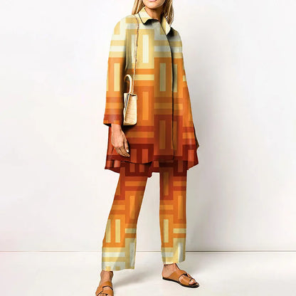 Autumn New Vintage Printed Pant Sets Women Long Shirts And Wide Legs Trousers Two Piece Set Fashion Trendy Streetwear Lady Suits