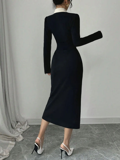 Elegant Long Sleeve V-Neck Black White Splicing Waist-Cinching Midi Dress Knitted Fabric Comfortable Casual Style for Women - Kimlud