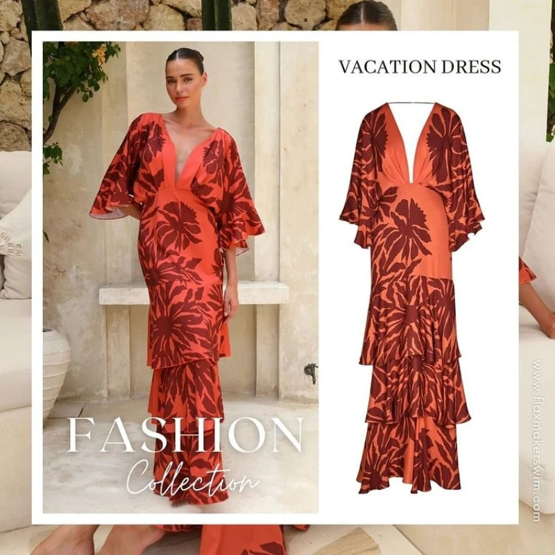 FLAXMAKER Bandeau Blossom Print Dress Women Sexy Sleeveless Ruffle Dolman Sleeve Printed Dresses Floor-length Sundress...
