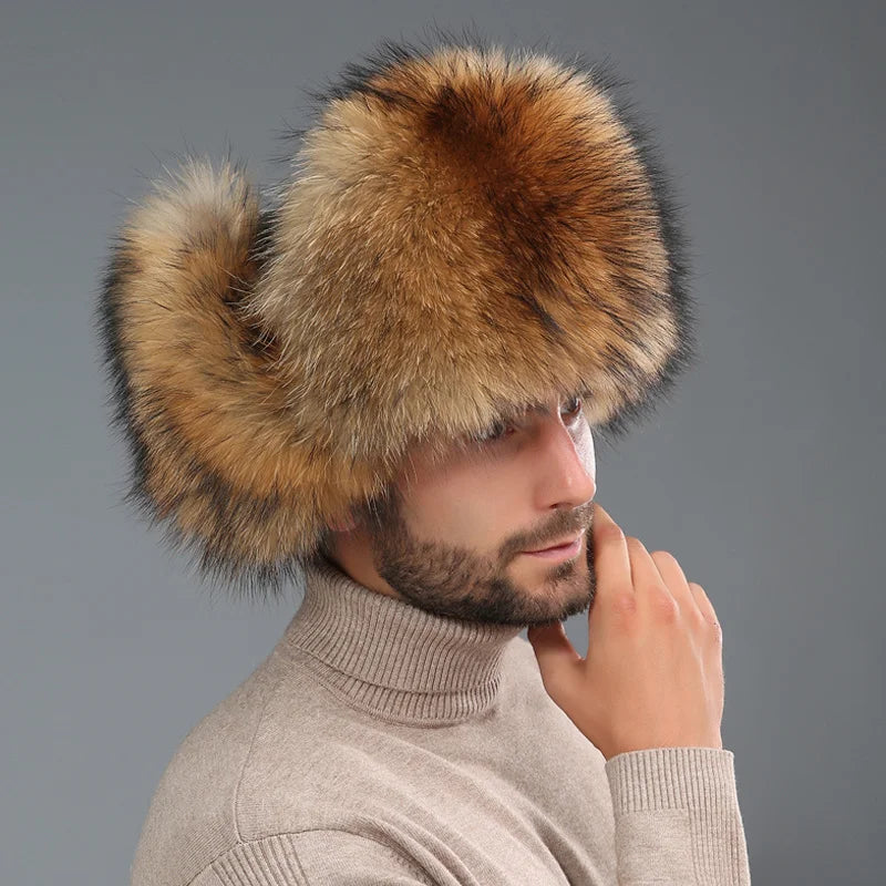 New Winter Men's 100% Real Silver Fox Fur Bomber Hat Raccoon Fur Ushanka Cap Trapper Russian Man Ski Hats Caps Real Leather Hat