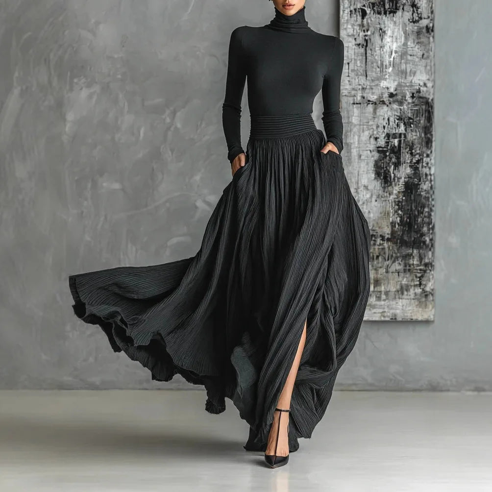 Elegant Cotton Linen High Collar Top High Waist Midi Skirt Set Comfortable Casual Urban Style Polyester Long Sleeve Women's Suit