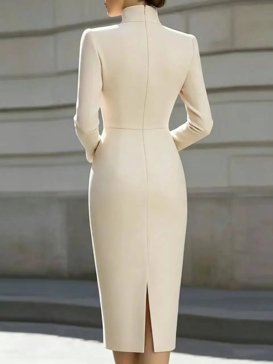 2026 Elegant Stand Collar Split Neck Long Sleeve Bodycon Midi Dress Women Solid Beige Slim Office Business Formal Party Dress Ve