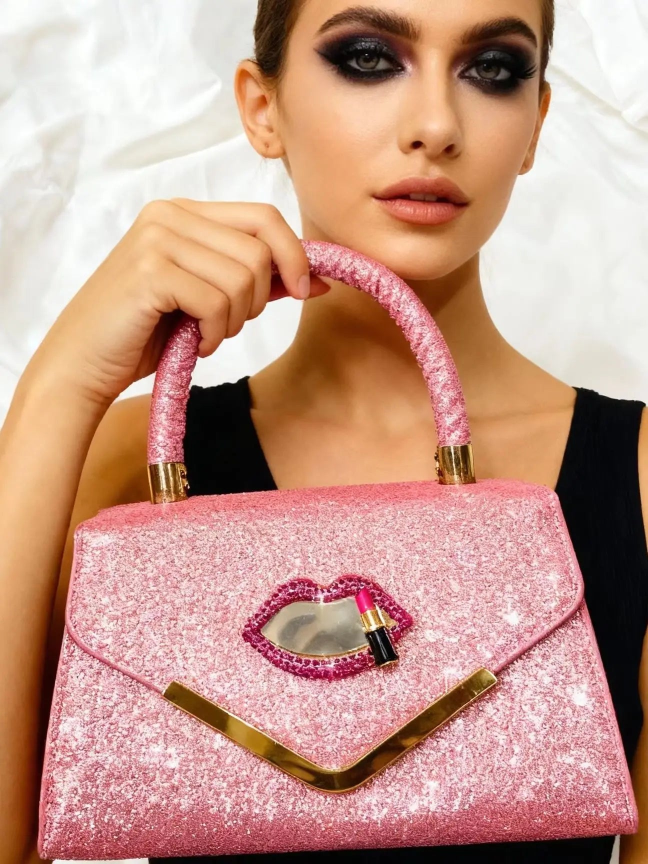 Quirky Red Lips with Smoky Makeup Design Small Handbag, Pure Handmade Luxury Heavy-Duty Rhinestone-Embellished High-End...