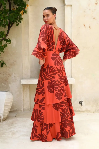 FLAXMAKER Bandeau Blossom Print Dress Women Sexy Sleeveless Ruffle Dolman Sleeve Printed Dresses Floor-length Sundress...