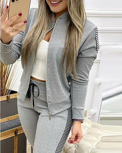 Autumn Winter Women's Sports Zipper Plaid Tracksuits Elegant Retro Jacket Coat And Drawstring Pants Two Piece Set Women...