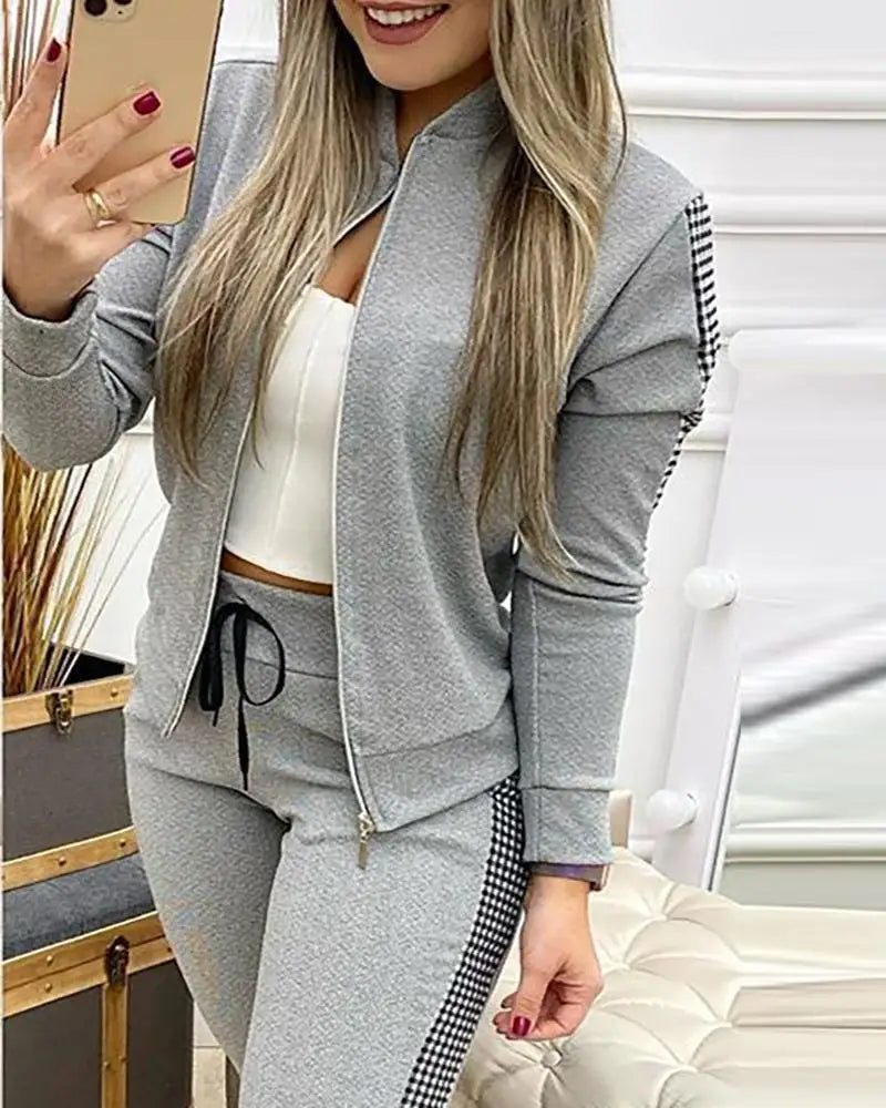 Autumn Winter Women's Sports Zipper Plaid Tracksuits Elegant Retro Jacket Coat And Drawstring Pants Two Piece Set Women...