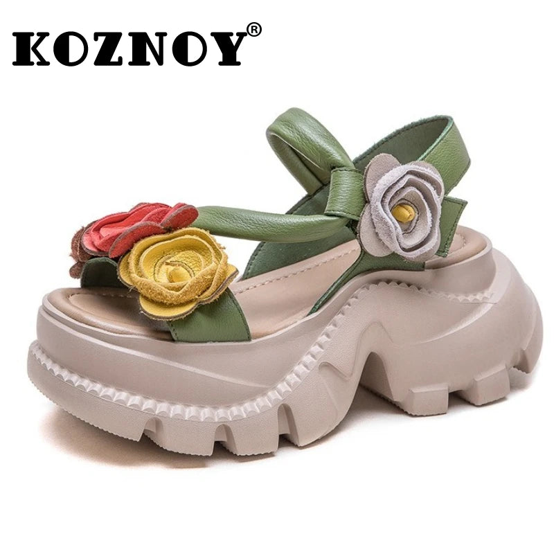 Koznoy 7cm Cow Genuine Leather Platform Wedge Women Summer Flower Slippers Pumps Hook Hollow Mary Jane Sandals Shoes Flats - Kimlud