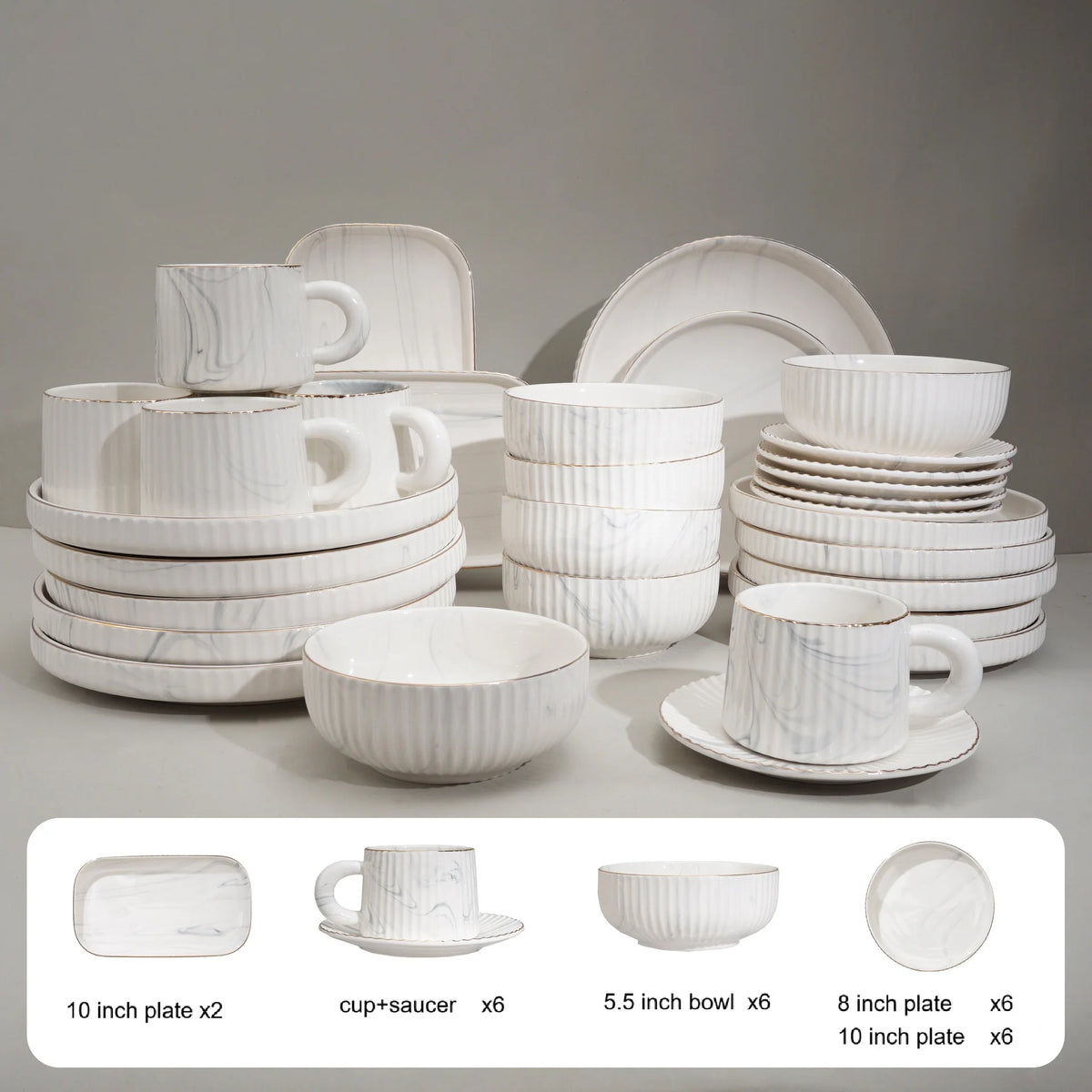 32pcs/set under glazed ceramic dinner set plate bowl cup saucer set with gold trim for 6 people | Kimlud Luxury Rug