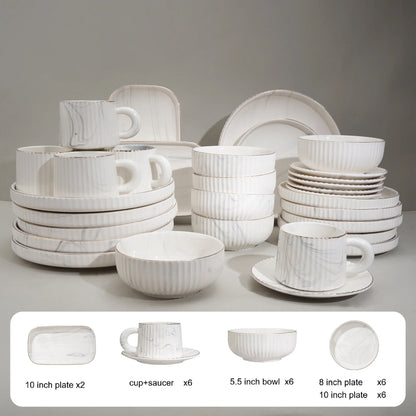 32pcs/set under glazed ceramic dinner set plate bowl cup saucer set with gold trim for 6 people | Kimlud Luxury Rug