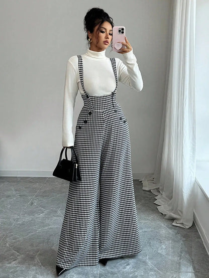 Overalls for Women's Winter Jumpsuit Black White Vintage Wide Leg Suspender Pants for Office Commute Casual Female...
