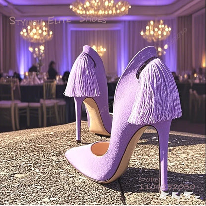Purple Heel Tassel Suede Stiletto Feather Sandals Pointed Heels Women Hollow Pump Red Light Yellow Dance Fuchsia Cute...
