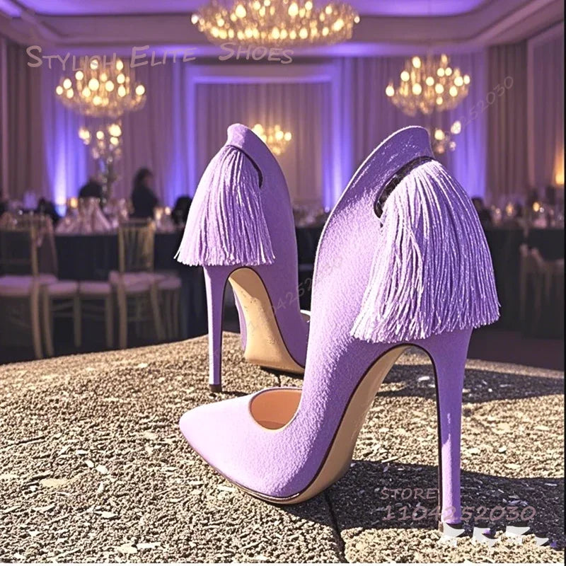 Purple Heel Tassel Suede Stiletto Feather Sandals Pointed Heels Women Hollow Pump Red Light Yellow Dance Fuchsia Cute...