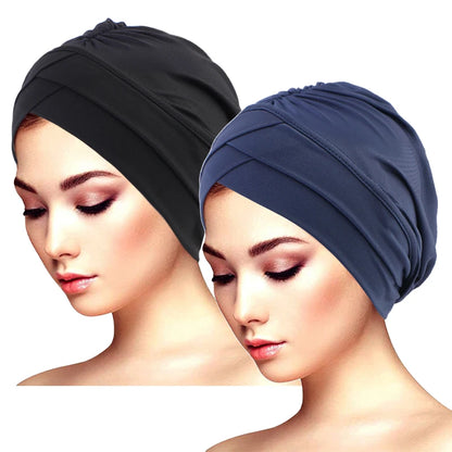 2PCS/LOT Classic Pleated Turban Hat Elegant Solid Color Head Wraps Headscarf Breathable Elastic Beanies Chemo Cap