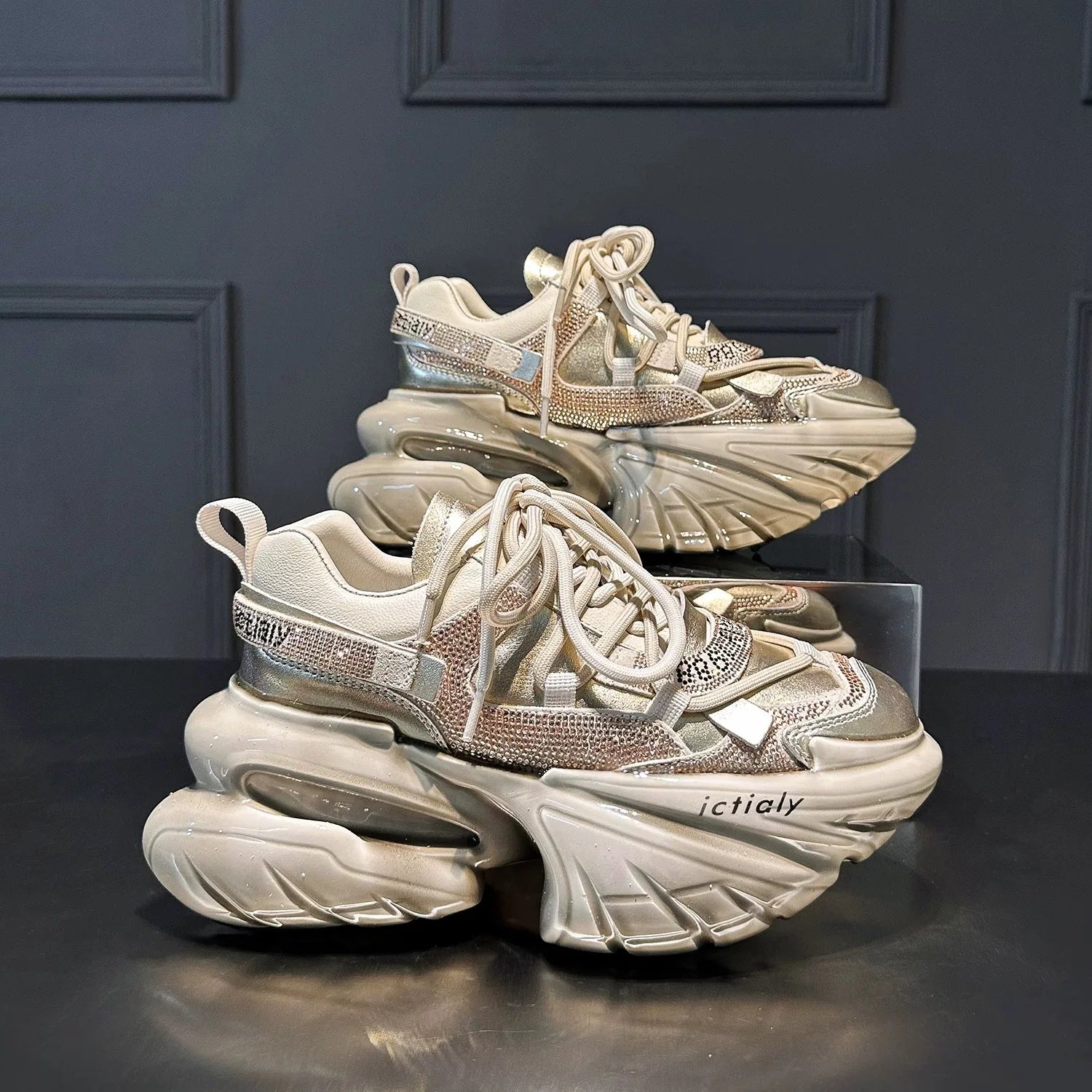 Women High Heels Platform Shoes Spring Crystal Fashion Luxury Designer Brand Chunky Sneakers Unique Design Real Leather Trendy