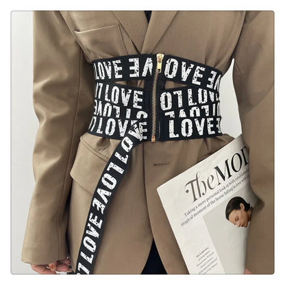 GetSpring Women Cummerbunds Letter Printed Zipper Black Wide Belt Fashion Elastic Waistband All Match Ladies Waist Band Corset