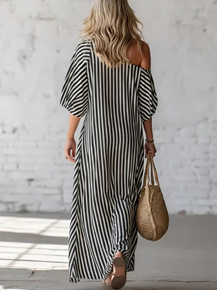 Comfortable daily single shoulder bubble sleeve dress with classic striped print 2026 summer new casual loose long dress