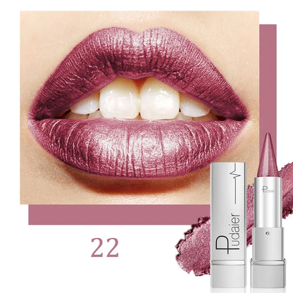 Alluring Purple Pearl Lipstick, waterproof and long-lasting with a metallic texture, featuring a shimmering effect on...