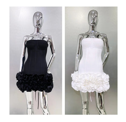 Stereoscopic Flowers Back Laceing Strapless Red Bandage Mini Evening Dress Sweet Woman Birthday Party Dress Performance costume