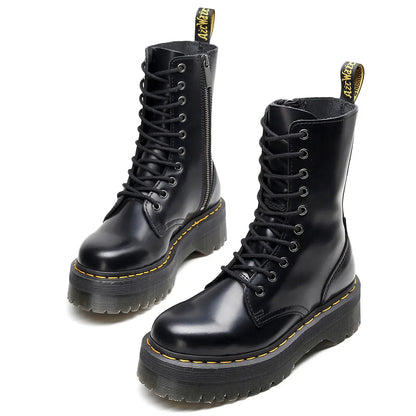 Women's Motorcycle Boots 10 Holes Thick Bottom Side Zipper British Style Long Booties Flatform Work Boots round Toe Mid Heel
