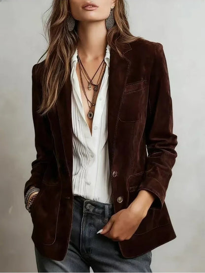 Fashion Women's Suede Jacket Notched Collar Single Breasted Full Sleeve Blazer Coat Multiple Pockets Spring Autumn Streetwear