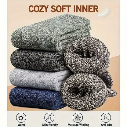 3 Pairs Men's Winter Warm Socks, Thick Towel Mid-Calf Socks, Anti-Cold Snow Boots Socks Elastic Solid Color - Kimlud