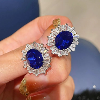 Wong Rain Luxury 925 Sterling Silver Oval Cut Sapphire High Carbon Diamond Gemstone Women Earrings Ear Studs Fine...
