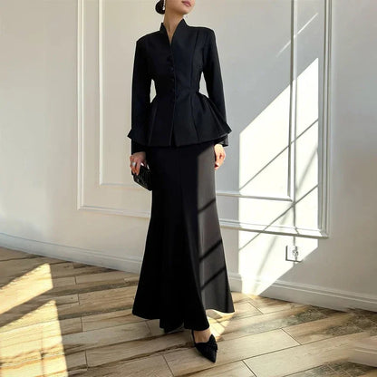 Solid Stand Collar Women Blazer Set Hip Package Slim Lady Long Skirts Sets 2025 Elegant Office Single-breasted Female Coat Suit