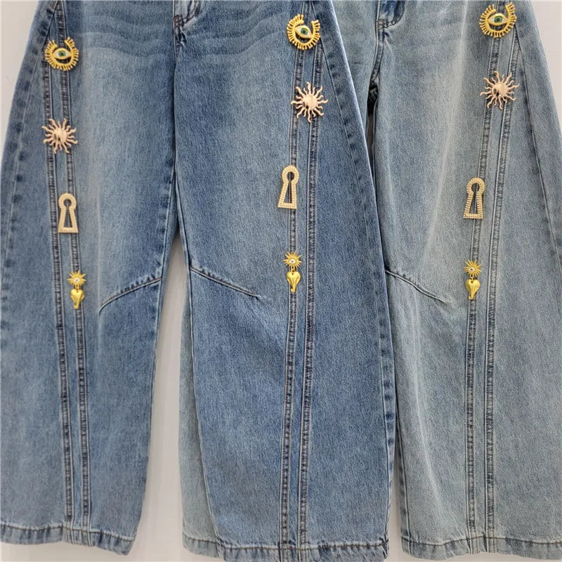 2026 Spring New Metal Buckle Decorated Mid-Waist Wide-Leg Jeans Women Washed Scimitar Pants Casual Versatile Long Pants Female - Kimlud