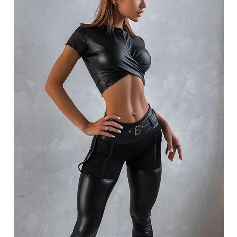 Krisnanas 2 Piece Sporty Sets for Woman 2025 Leather Shorts Tops-skinny Pants Fashionable Workout Gym New in Matching Set 102395