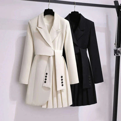 2022 Autumn Office Sashes Bandage Waist Tie Blazer Dress Women Long Sleeve Notched Collar Pleated Irregular Mini Vestidos