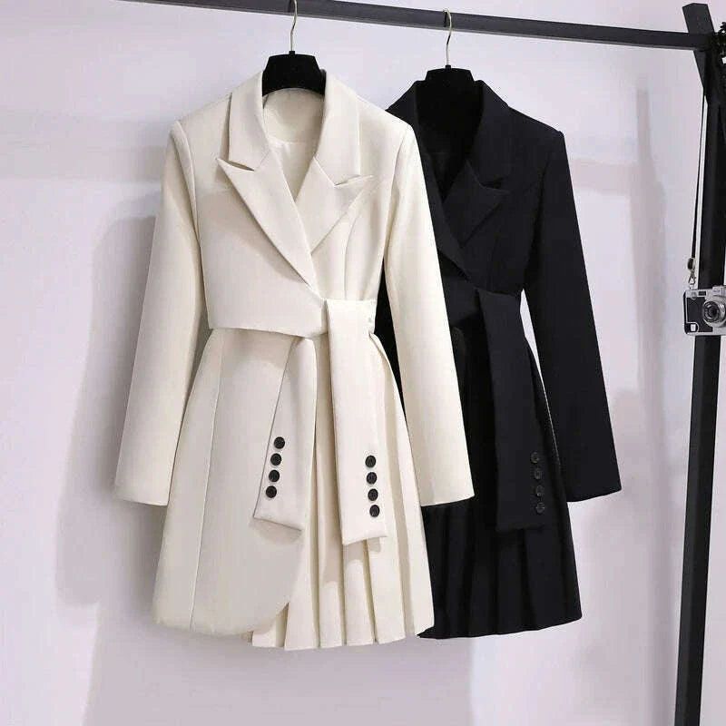 2022 Autumn Office Sashes Bandage Waist Tie Blazer Dress Women Long Sleeve Notched Collar Pleated Irregular Mini Vestidos