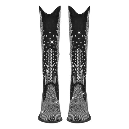 Onlymaker Women Black Knee High Rhinestone Boots Western Cowboy Boots Glitter Bling Shiny Block Heel Handmade Boots