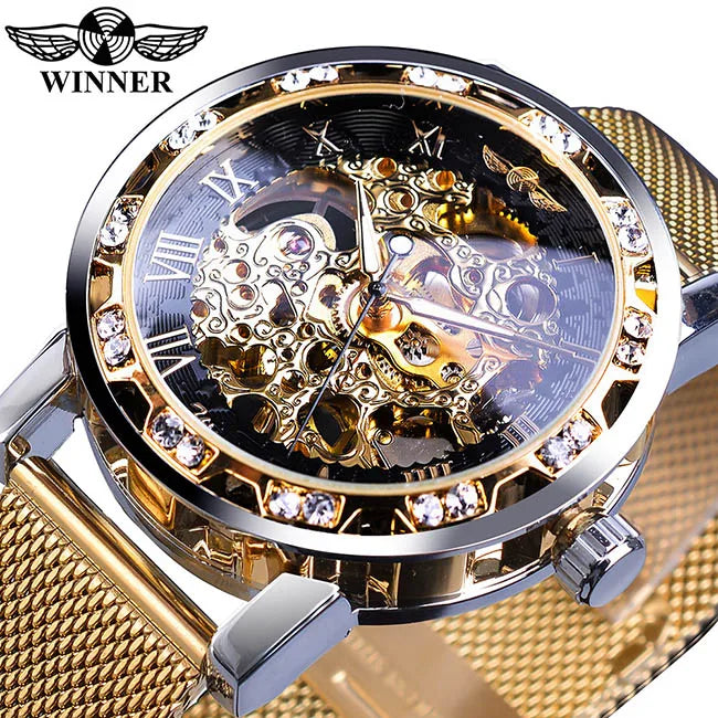 Winner Casual Mechanical Watches For Men Golden Roman Fashion Stainless Steel Belt Mesh Strap Wristwatch Clock Relogio Masculino