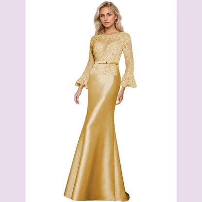 Elegant Sheath Wedding Guest Dress Scoop Neck Long Sleeve Satin Lace Beading Applique Sweep Train Prom Gown 2025 Free Customized