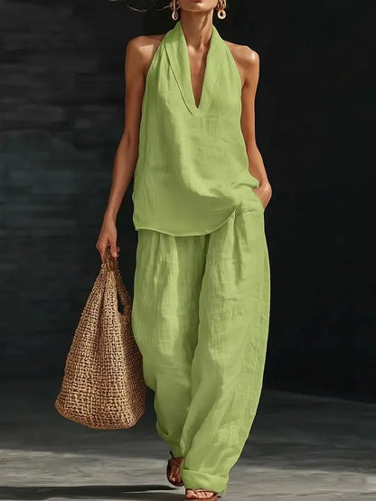 Casual Solid Set For Women Fashion Solid Sleeveless V Neck Tops+High Waist Wide Leg Pants 2 Piece Sets Lady Holiday Women's