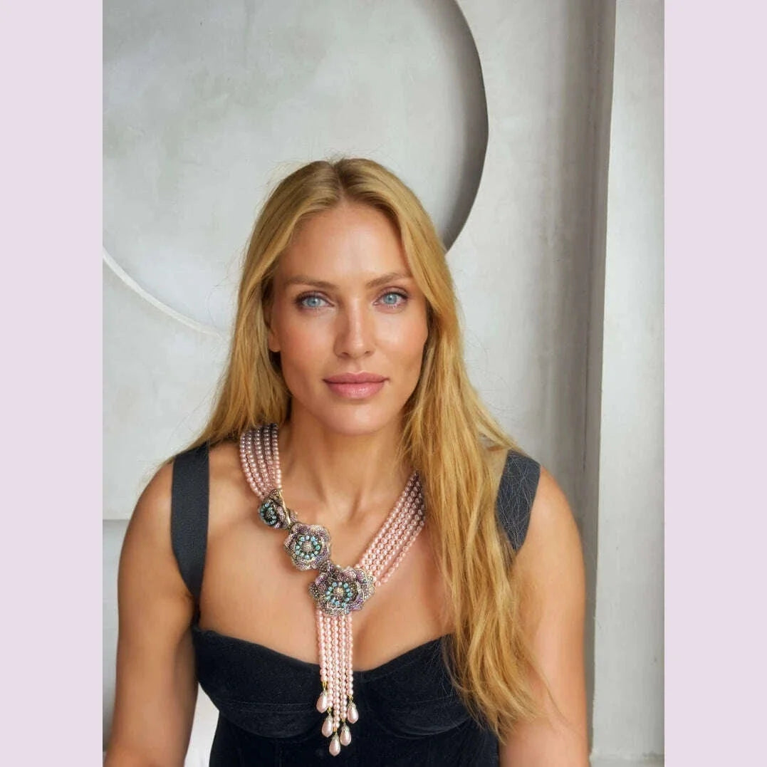 HD Europe and the United States  Retro Literature Sweet Heavy Multi-Layer Glaze Inlaid Shiny Rhinestone Flowers Tassel Necklace