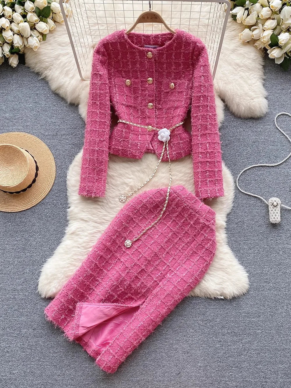 Modphy Autumn Fashion Rose Red Woolen Two Piece Set Women Golden Button Chain Belt Tweed Short Jacket Coat+Split Midi Skirt Suit
