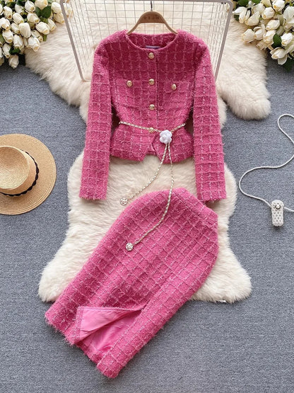 Modphy Autumn Fashion Rose Red Woolen Two Piece Set Women Golden Button Chain Belt Tweed Short Jacket Coat+Split Midi Skirt Suit