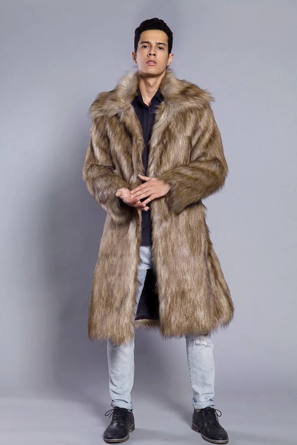 Men Faux Fox Fur Long Jacket Coat Winter Thick Fluffy Long Sleeve Warm Shaggy Luxury Faux Fur Long Jacket Bontjas Jackets Mens
