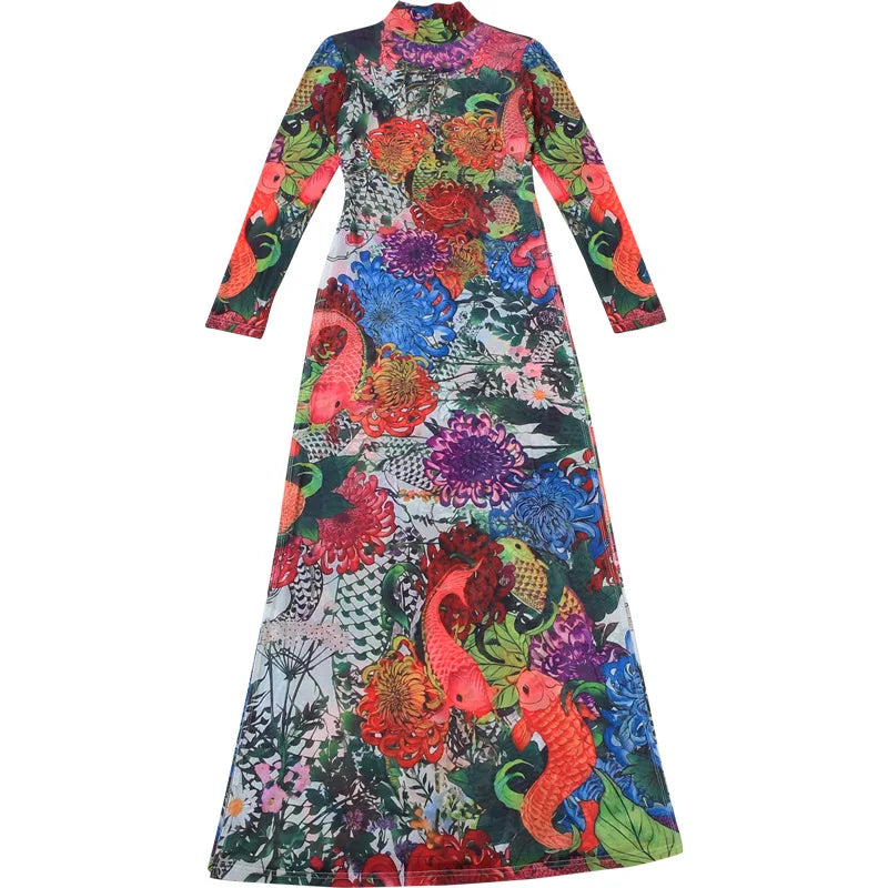 Spring New Women's Long Sve High Collar Plant Print Maxi Top Faionable Individuatic f High Ne Long Open Split Top