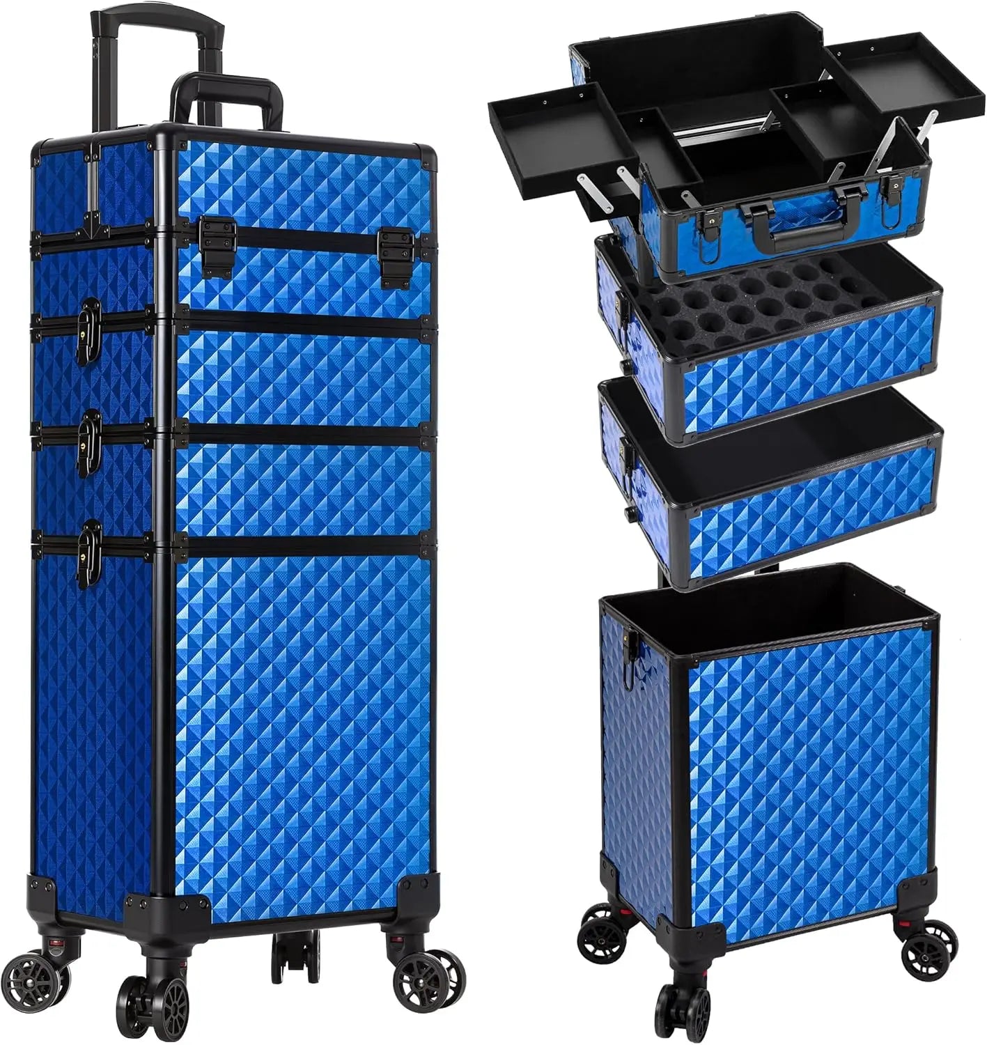 Rolling Makeup Train Case 4 in 1 Cosmetology Case on Wheels Large Storage Cosmetic Trolley with Key Salon Barber Case