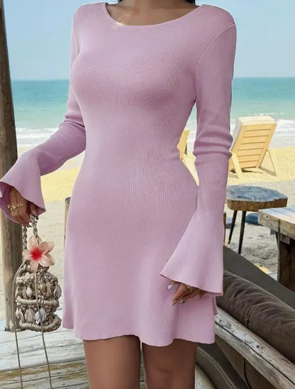 Women Dresses 2026 New Spring Summer Solid Color Spicy Girl Fashion Elegant Round Neck Long Sleeve Backless Slim Mini...