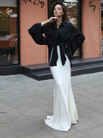 Elegant Blouse Skirt Sets Women Lace Up Lapel Long Flare Sleeve Button Shirts Fishtail Skirt Autumn Suits 2025 New...