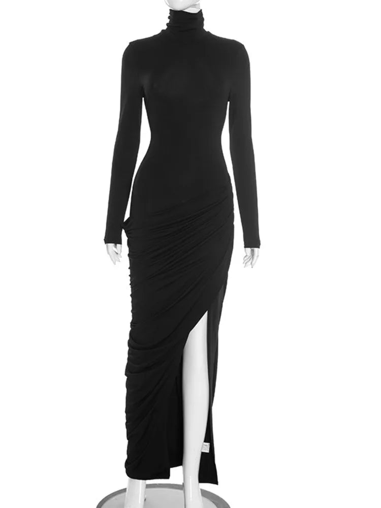 Mozision Turtleneck Long Sleeve Sexy Maxi Dress Women Elegant Autumn Winter High Waist Ruched Thigh High Split Club Long Dress