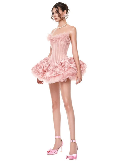 Sexy Strapless Flower Lace A-line Mini Dress Women Red Sleeveless Backless Floral Slim Dresses Evening Party Cocktail...